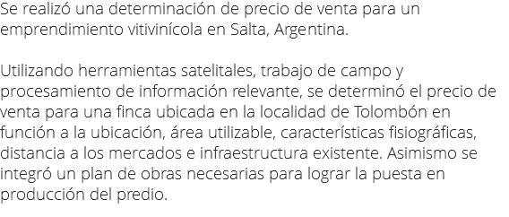 Se realizó una determinación de precio de venta para un emprendimiento vitivinícola en Salta, Argentina. Utilizando herramientas satelitales, trabajo de campo y procesamiento de información relevante, se determinó el precio de venta para una finca ubicada en la localidad de Tolombón en función a la ubicación, área utilizable, características fisiográficas, distancia a los mercados e infraestructura existente. Asimismo se integró un plan de obras necesarias para lograr la puesta en producción del predio.